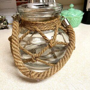 Pier 1 Glass Candle Holder Lantern with Jute Rope and Handle Flower Pot Macrame